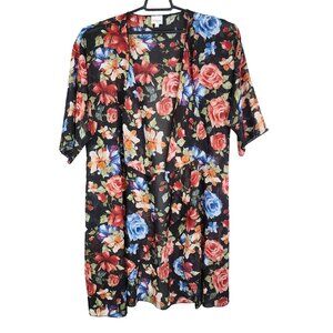 Women's LuLaRoe Floral Kimono Cardigan Sheer Black Red & Blue Flowers Size M